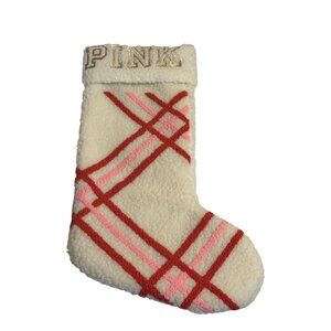 Victoria's Secret PINK Holiday Stocking White Red Pink Striped Gold Logo Bootie